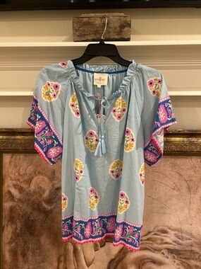 Umgee Light Blue Floral Tassel Peasant Tunic -